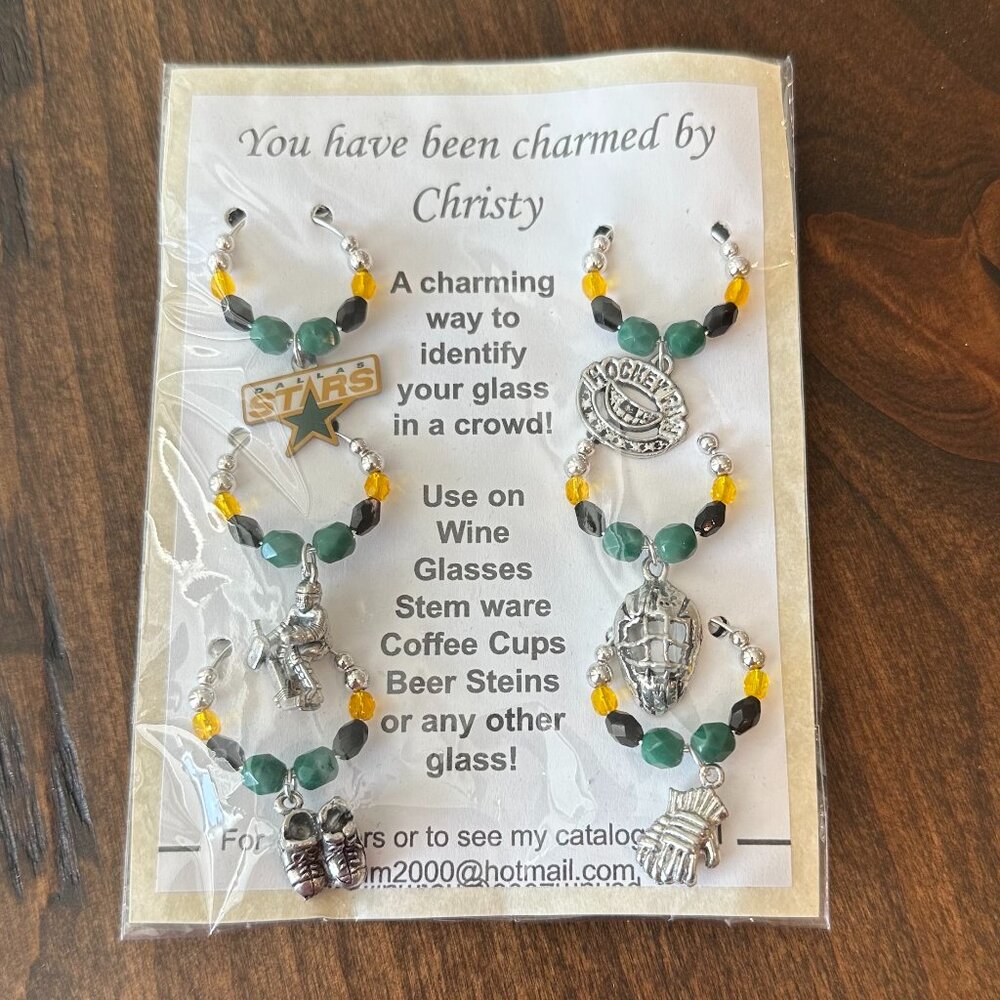 Dallas Stars Hockey Wine Charms with Pouch - Green, Gold & Black